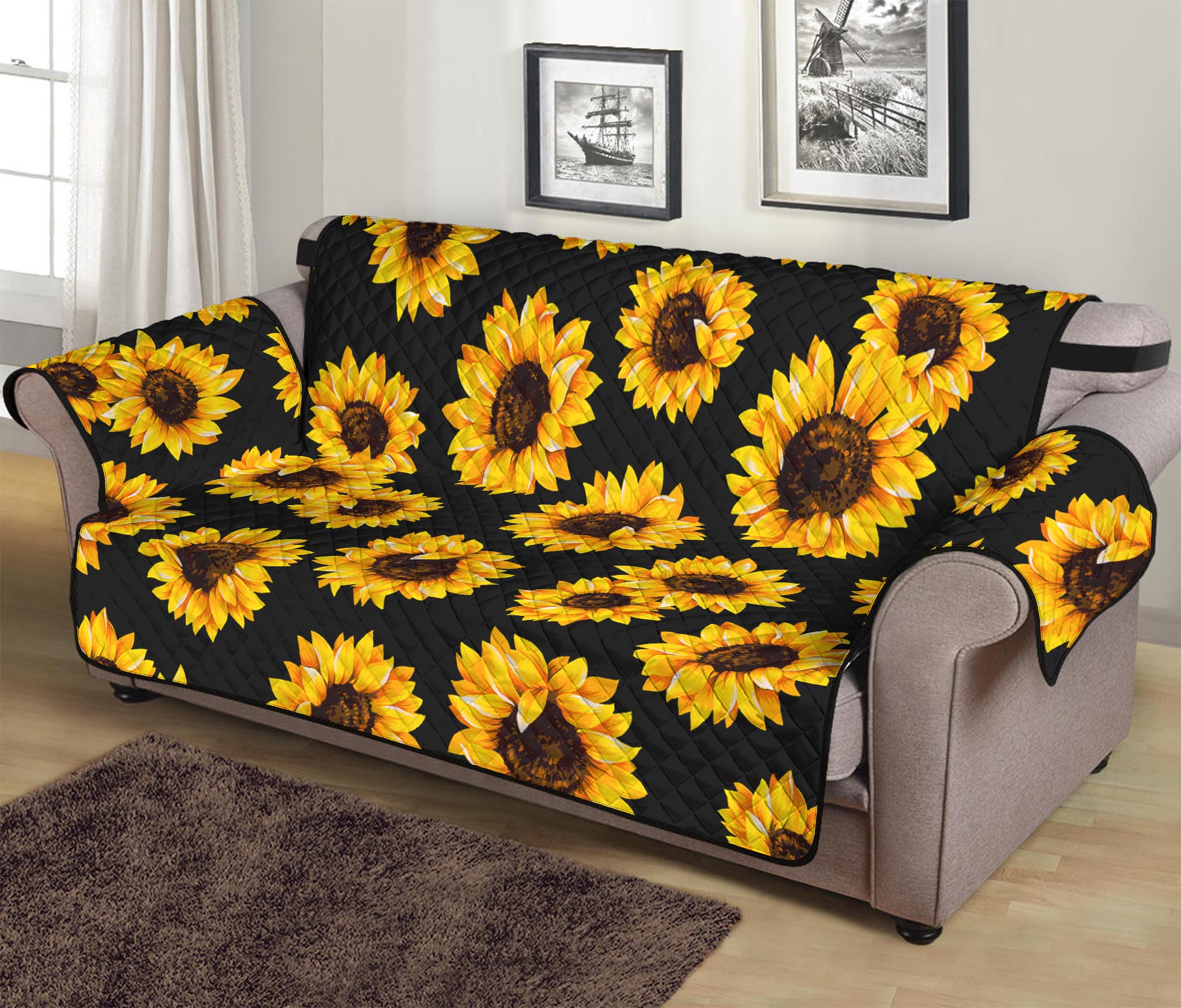 Black Sunflower Pattern Print Sofa Protector