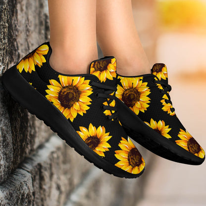 Black Sunflower Pattern Print Sport Shoes GearFrost