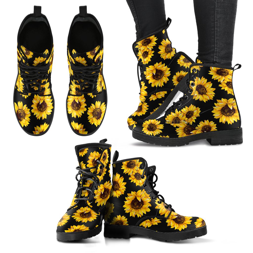 Black Sunflower Pattern Print Women's Boots GearFrost