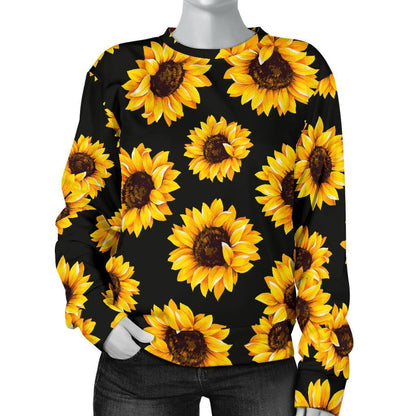 Black Sunflower Pattern Print Women's Crewneck Sweatshirt GearFrost