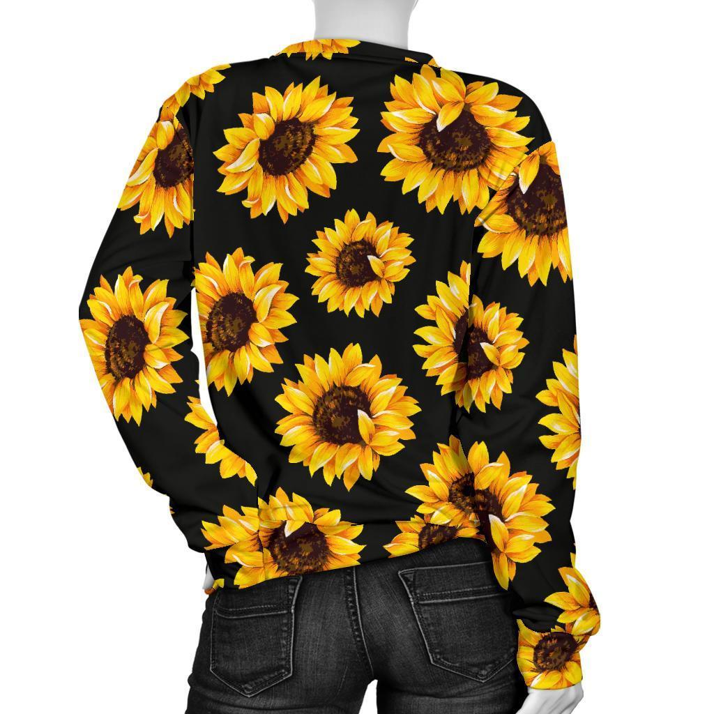 Black Sunflower Pattern Print Women's Crewneck Sweatshirt GearFrost