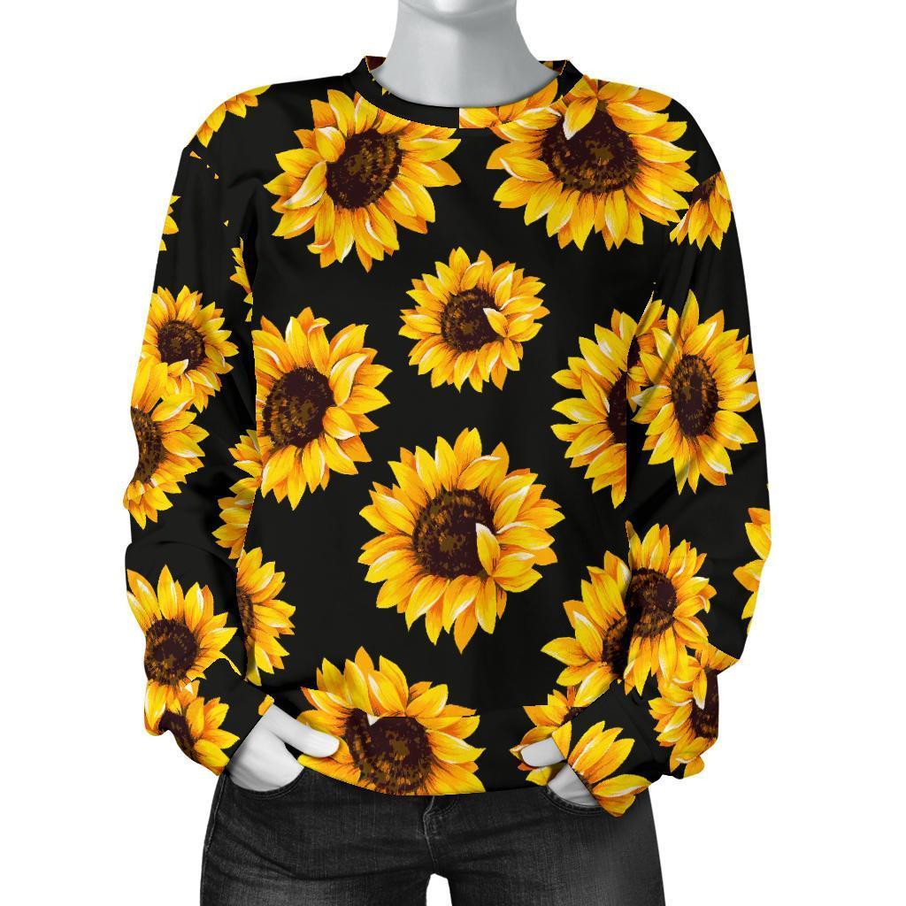 Black Sunflower Pattern Print Women's Crewneck Sweatshirt GearFrost
