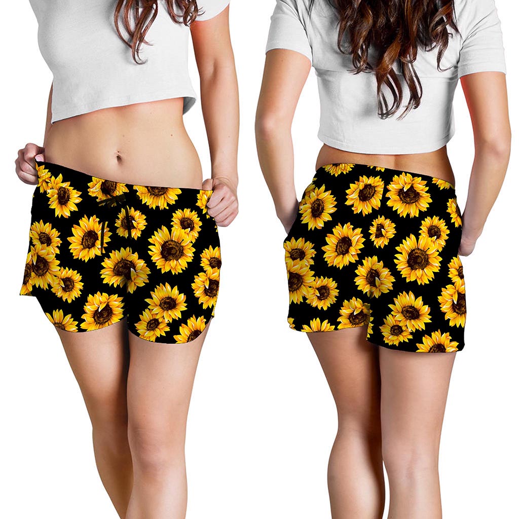 Black Sunflower Pattern Print Women's Shorts