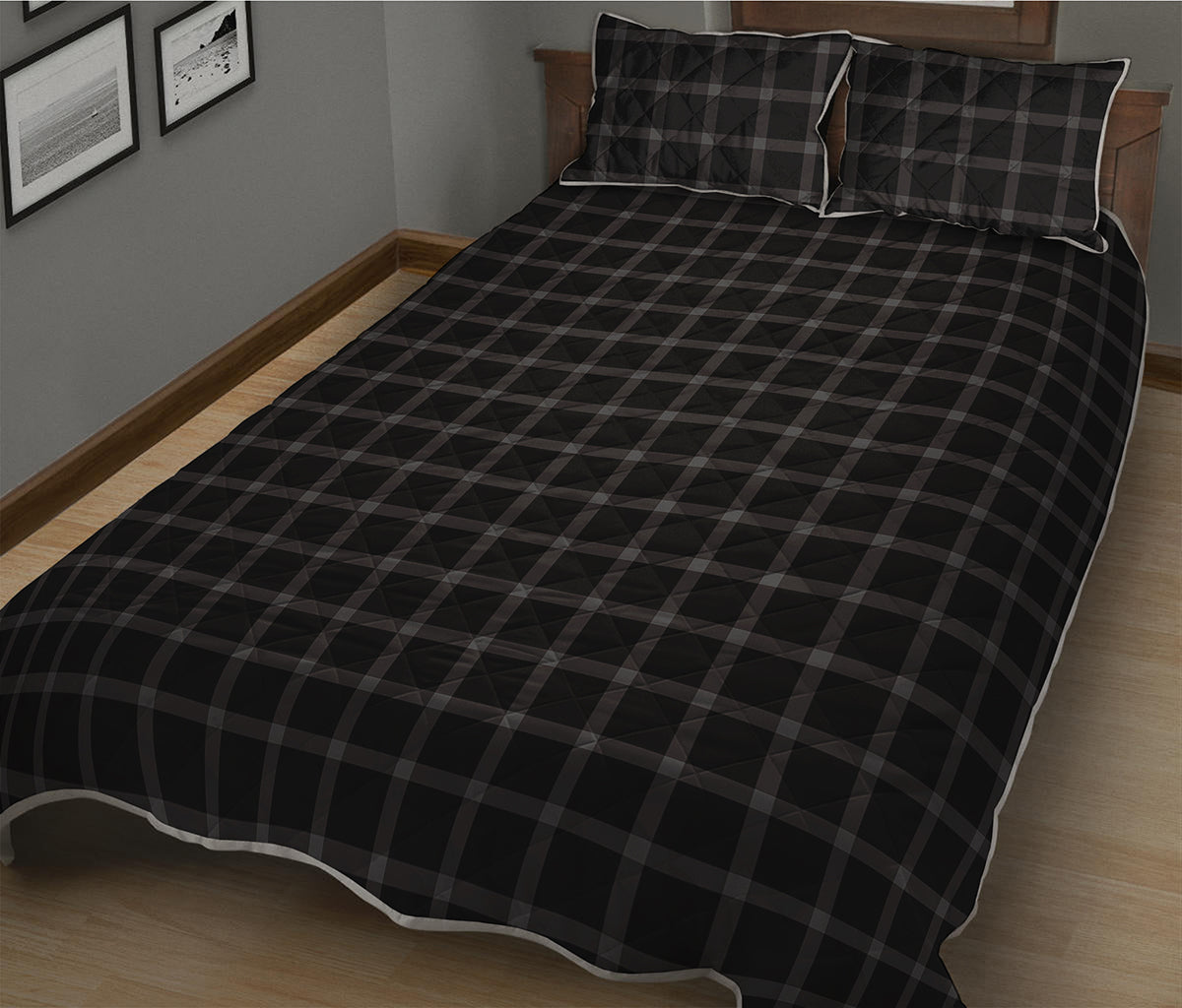 Black Tattersall Pattern Print Quilt Bed Set
