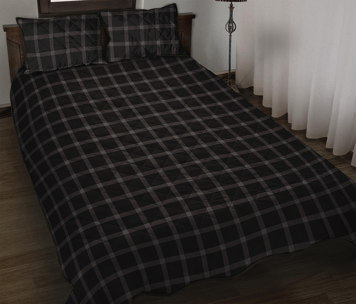 Black Tattersall Pattern Print Quilt Bed Set