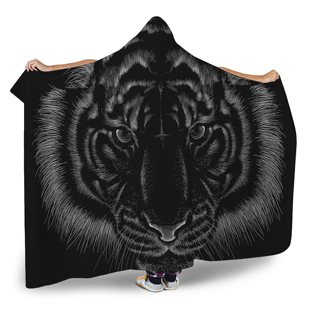 Black Tiger Portrait Print Hooded Blanket