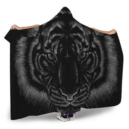 Black Tiger Portrait Print Hooded Blanket