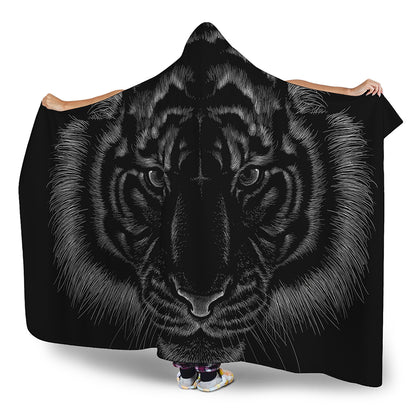 Black Tiger Portrait Print Hooded Blanket
