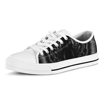 Black Tiger Portrait Print White Low Top Shoes