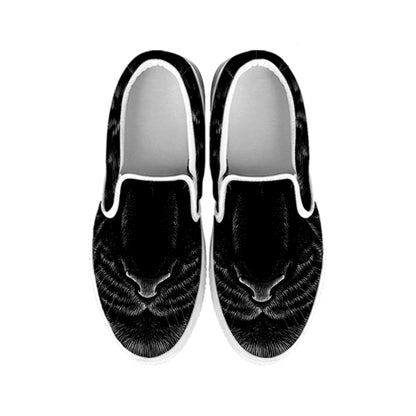 Black Tiger Portrait Print White Slip On Shoes