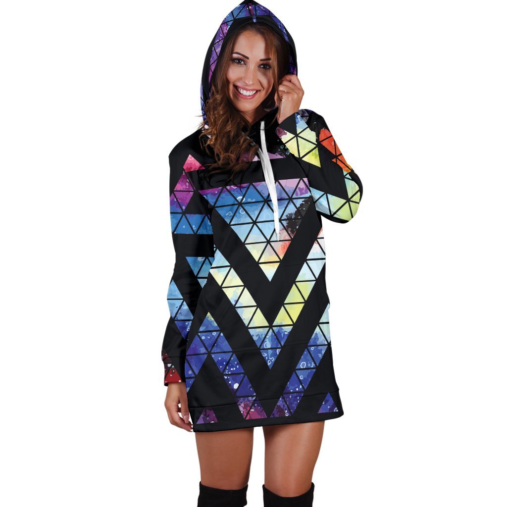 Black Triangle Galaxy Space Print Hoodie Dress GearFrost