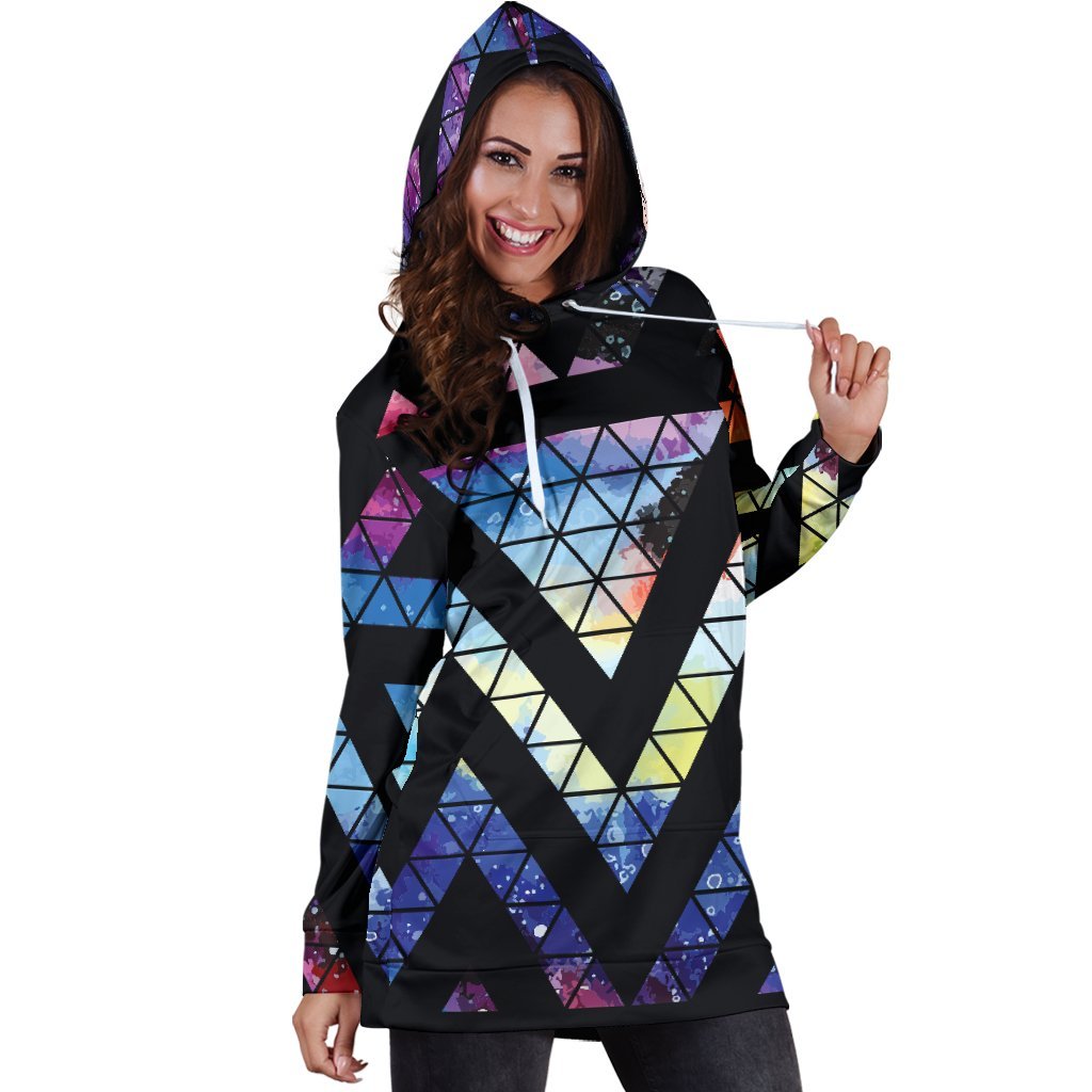 Black Triangle Galaxy Space Print Hoodie Dress GearFrost