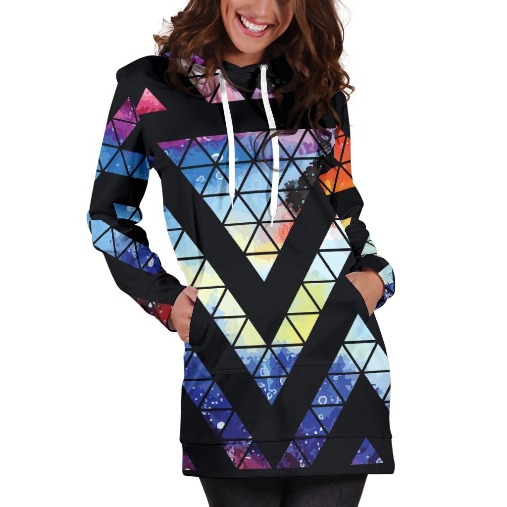 Black Triangle Galaxy Space Print Hoodie Dress GearFrost