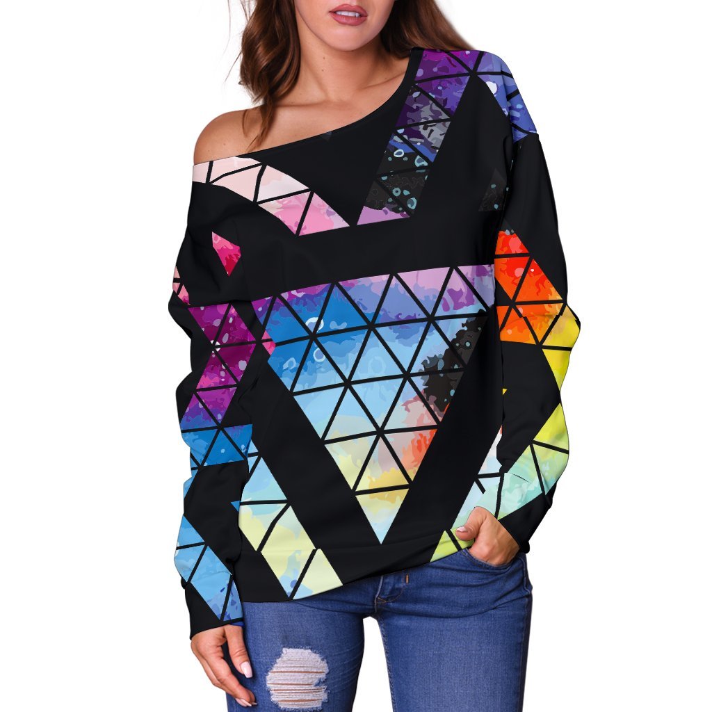 Black Triangle Galaxy Space Print Off Shoulder Sweatshirt GearFrost