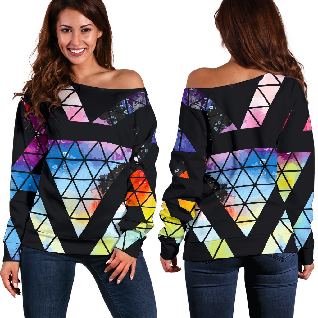 Black Triangle Galaxy Space Print Off Shoulder Sweatshirt GearFrost