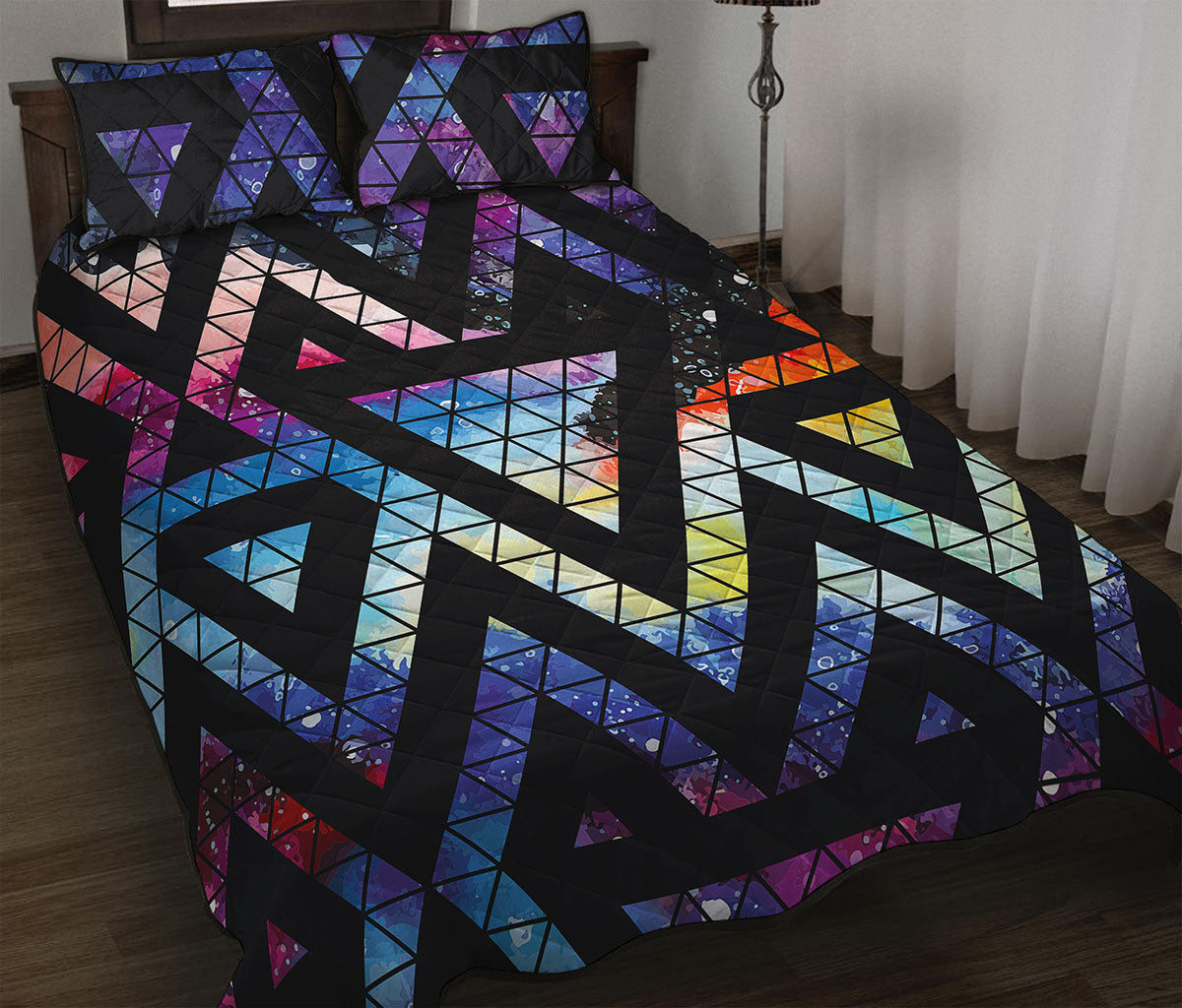 Black Triangle Galaxy Space Print Quilt Bed Set