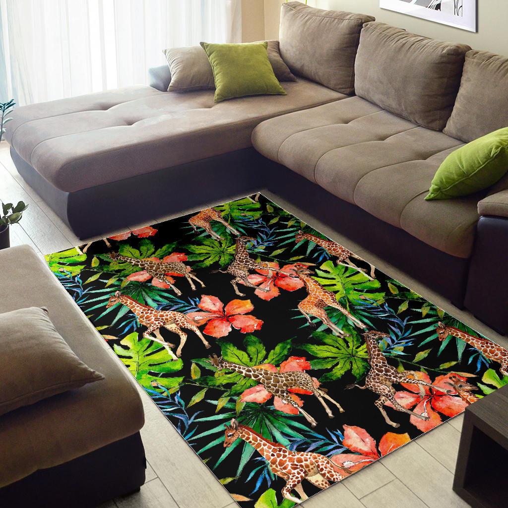 Black Tropical Giraffe Pattern Print Area Rug GearFrost
