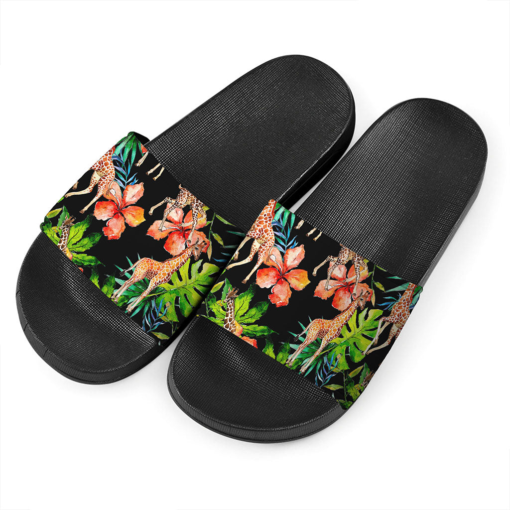 Black Tropical Giraffe Pattern Print Black Slide Sandals