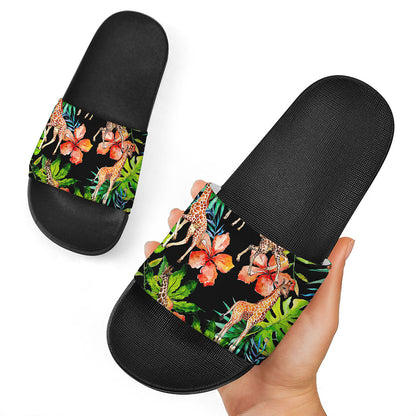 Black Tropical Giraffe Pattern Print Black Slide Sandals