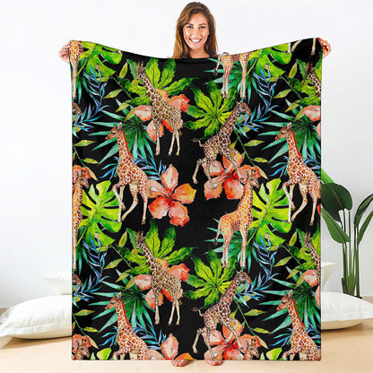 Black Tropical Giraffe Pattern Print Blanket