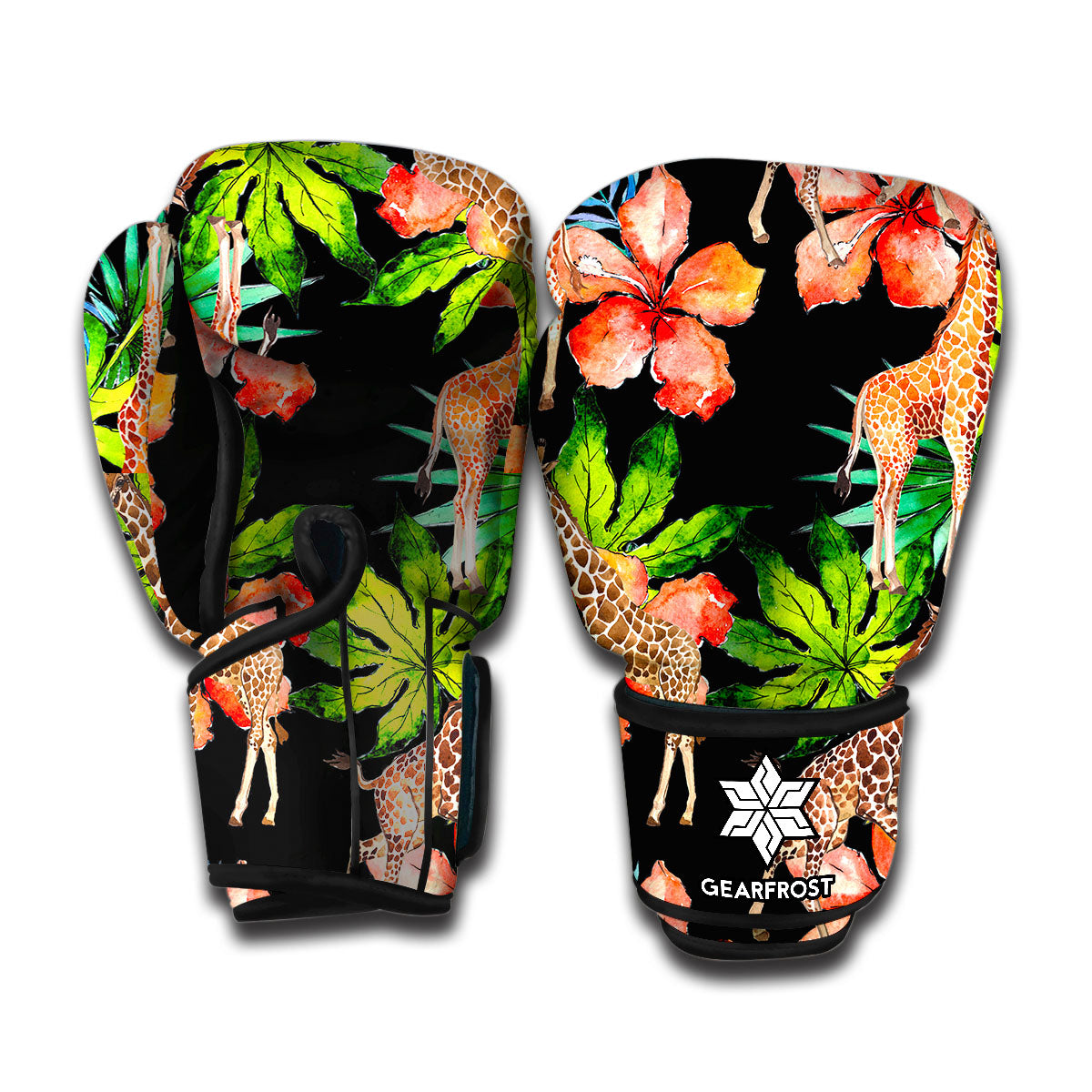 Black Tropical Giraffe Pattern Print Boxing Gloves