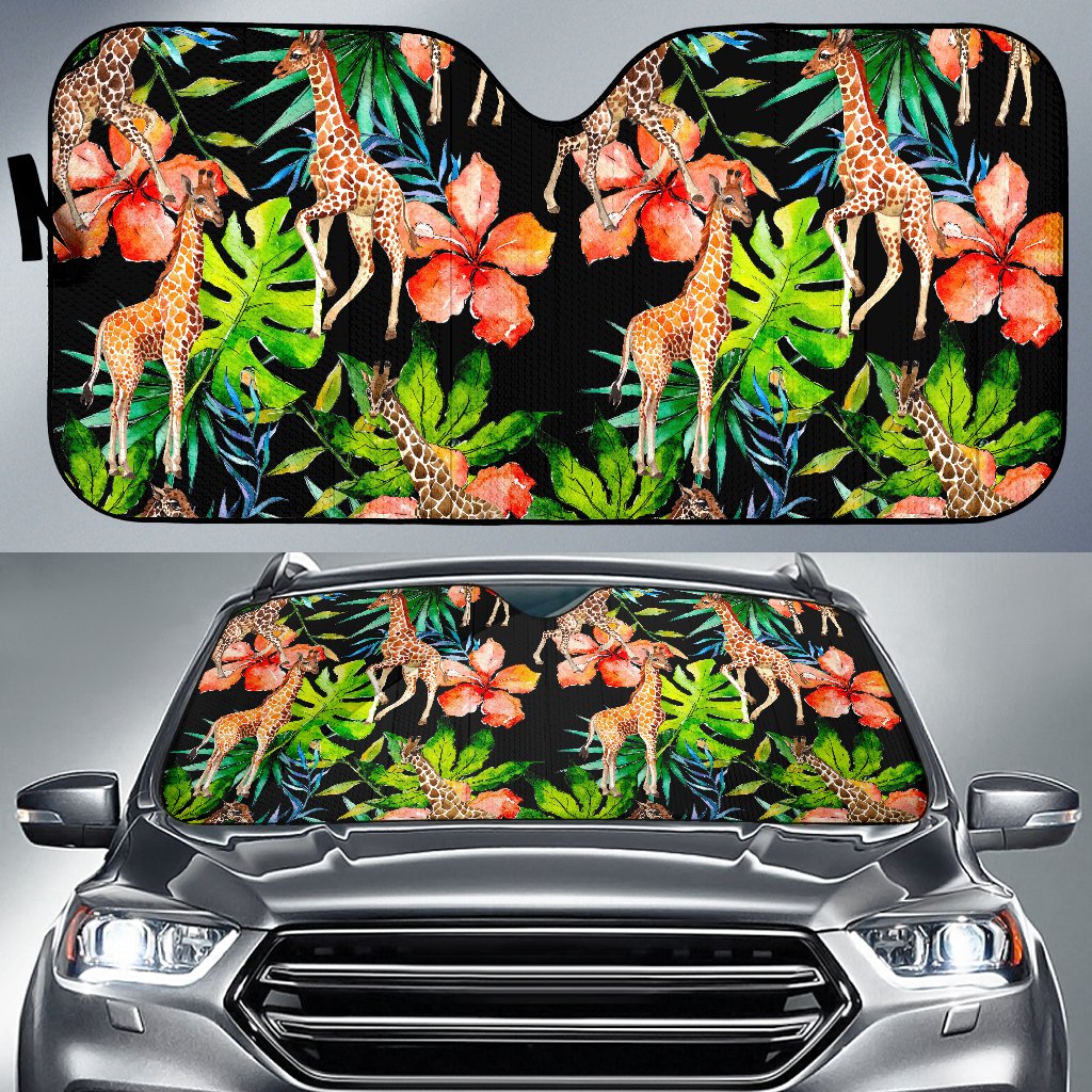 Black Tropical Giraffe Pattern Print Car Sun Shade GearFrost