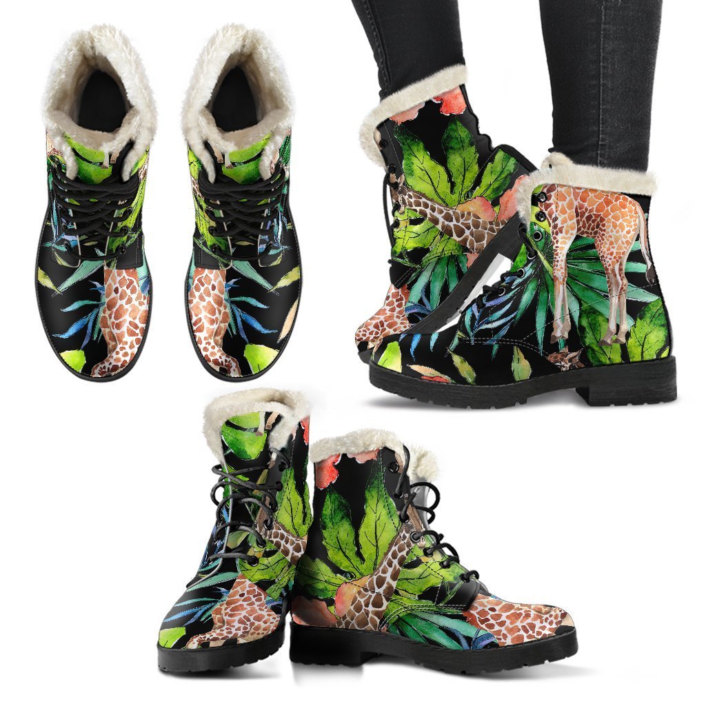 Black Tropical Giraffe Pattern Print Comfy Boots GearFrost