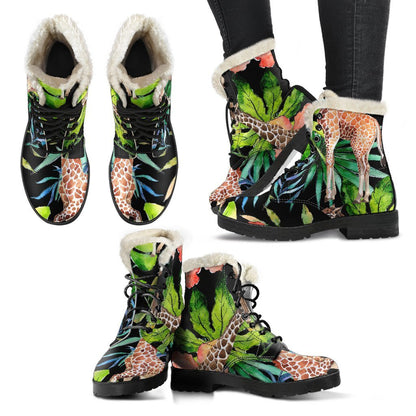 Black Tropical Giraffe Pattern Print Comfy Boots GearFrost