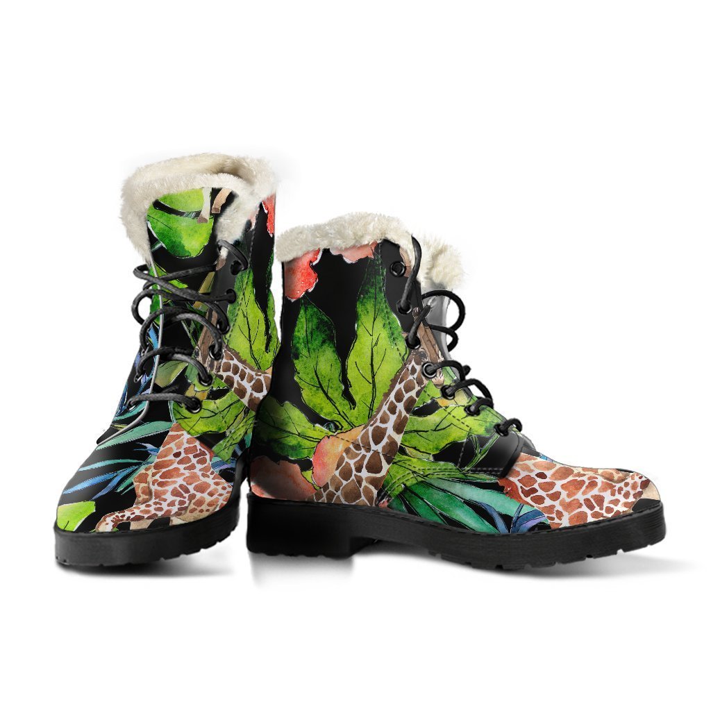 Black Tropical Giraffe Pattern Print Comfy Boots GearFrost