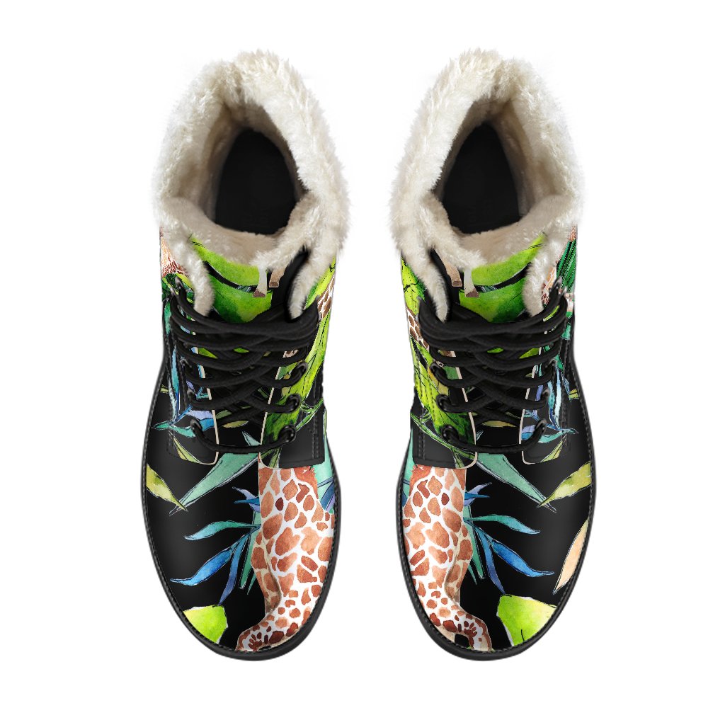 Black Tropical Giraffe Pattern Print Comfy Boots GearFrost