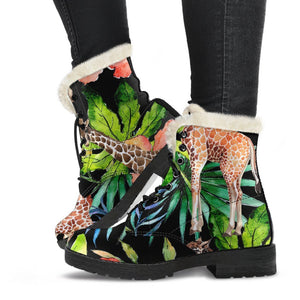 Black Tropical Giraffe Pattern Print Comfy Boots GearFrost
