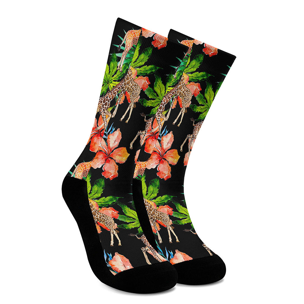 Black Tropical Giraffe Pattern Print Crew Socks