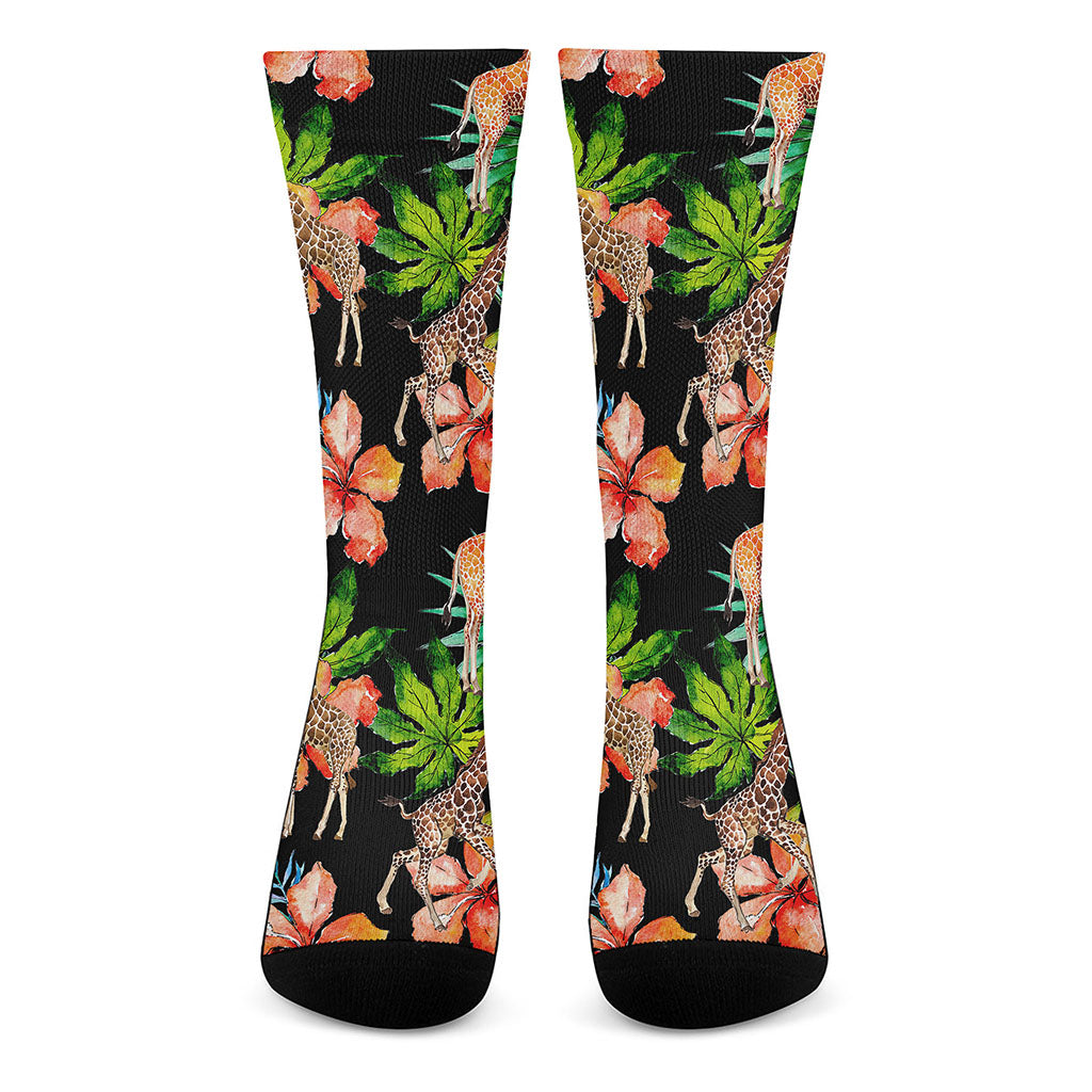 Black Tropical Giraffe Pattern Print Crew Socks