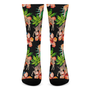 Black Tropical Giraffe Pattern Print Crew Socks