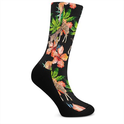 Black Tropical Giraffe Pattern Print Crew Socks
