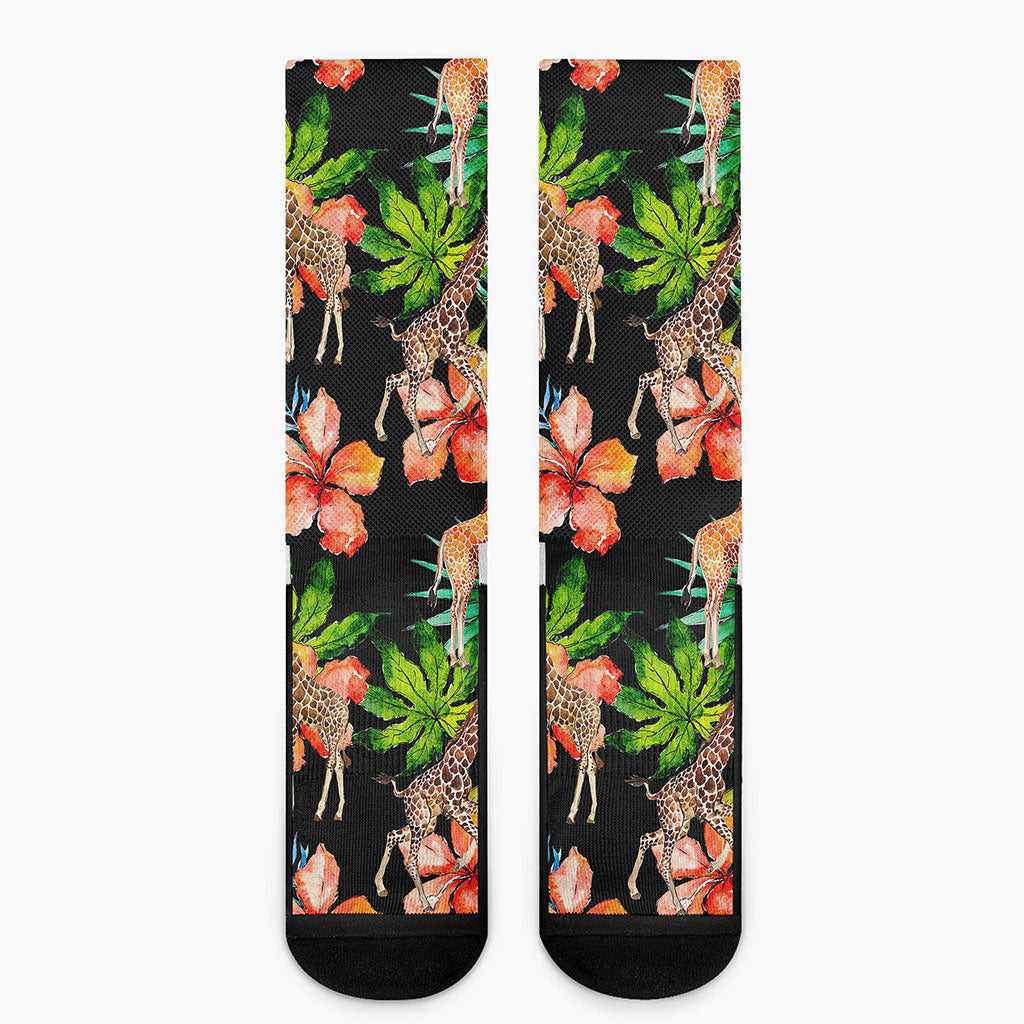 Black Tropical Giraffe Pattern Print Crew Socks