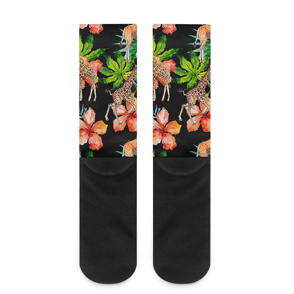 Black Tropical Giraffe Pattern Print Crew Socks