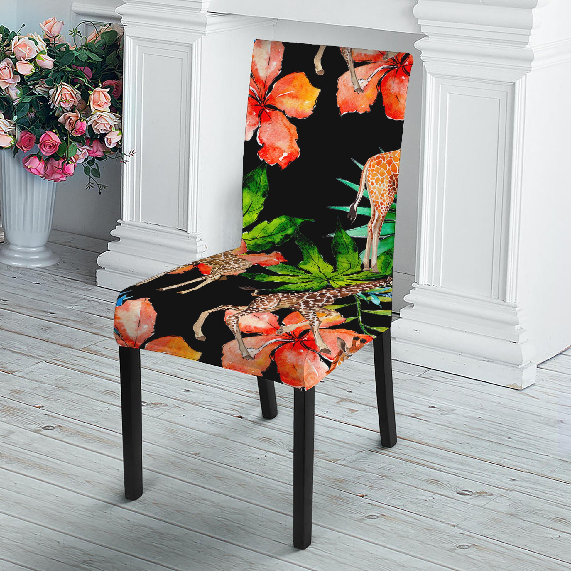 Black Tropical Giraffe Pattern Print Dining Chair Slipcover