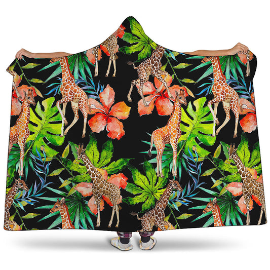 Black Tropical Giraffe Pattern Print Hooded Blanket