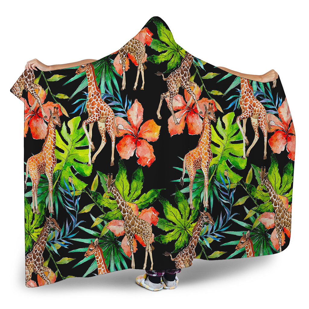 Black Tropical Giraffe Pattern Print Hooded Blanket