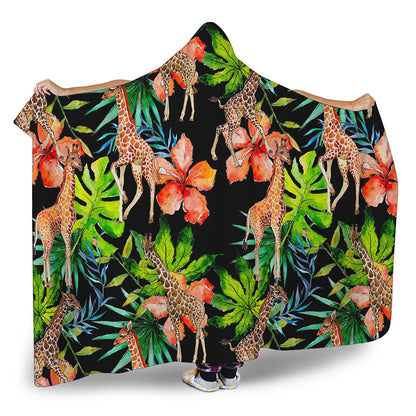 Black Tropical Giraffe Pattern Print Hooded Blanket