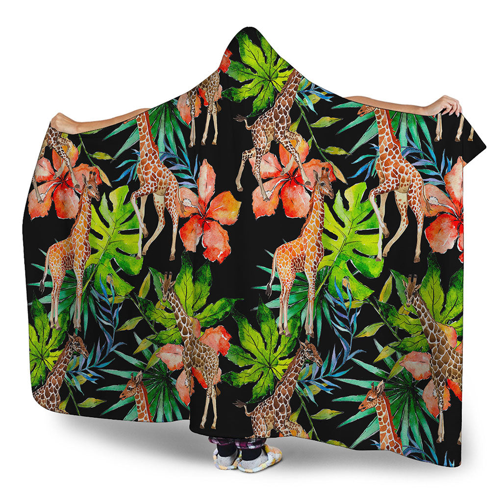 Black Tropical Giraffe Pattern Print Hooded Blanket
