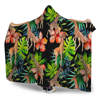 Black Tropical Giraffe Pattern Print Hooded Blanket