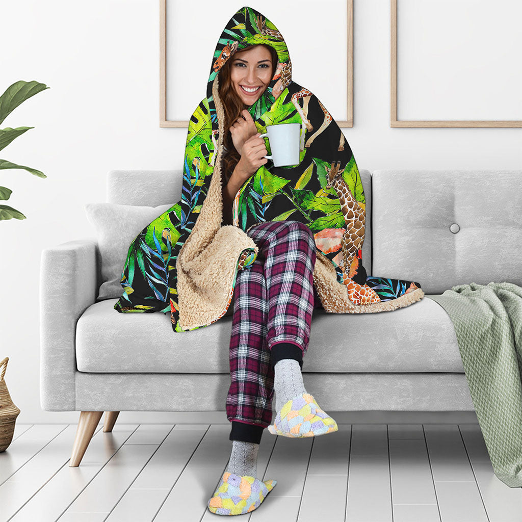 Black Tropical Giraffe Pattern Print Hooded Blanket