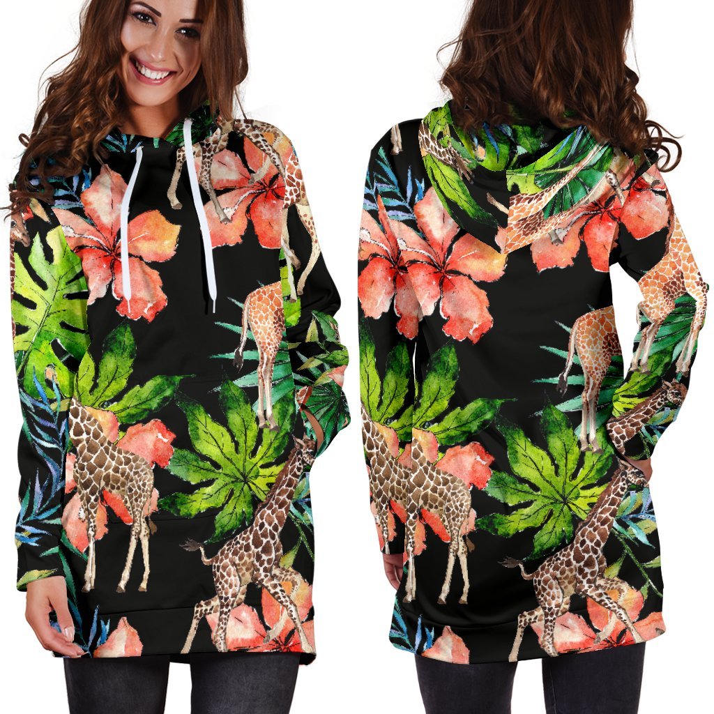 Black Tropical Giraffe Pattern Print Hoodie Dress GearFrost