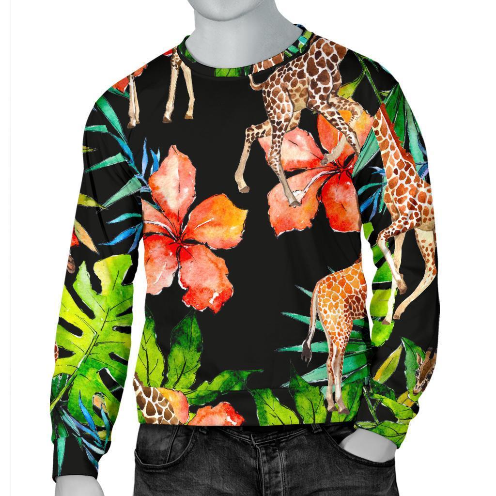 Black Tropical Giraffe Pattern Print Men's Crewneck Sweatshirt GearFrost