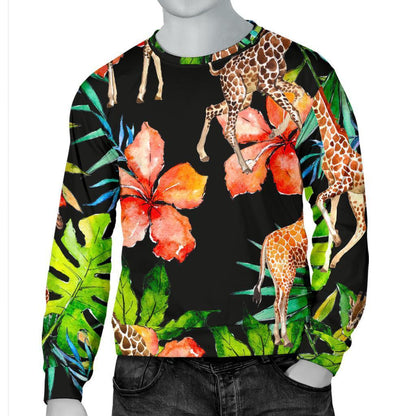Black Tropical Giraffe Pattern Print Men's Crewneck Sweatshirt GearFrost