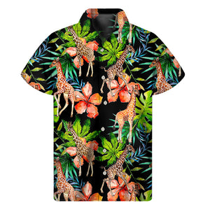 Black Tropical Giraffe Pattern Print Men's Short Sleeve Shirt