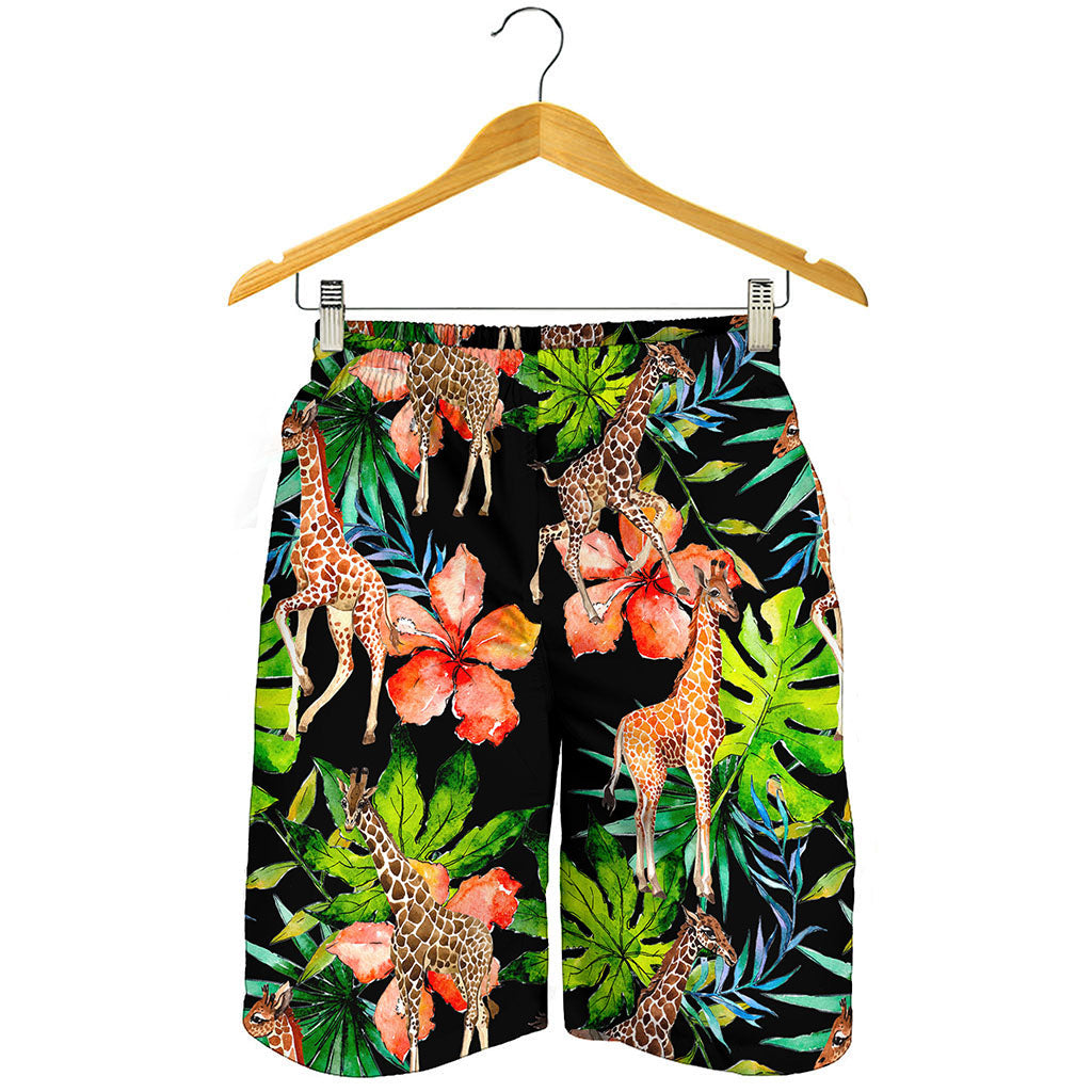 Black Tropical Giraffe Pattern Print Men's Shorts