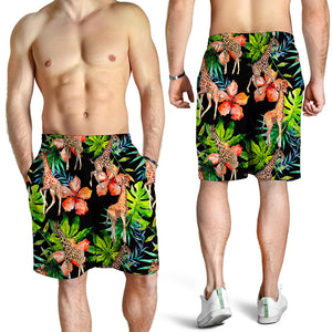 Black Tropical Giraffe Pattern Print Men's Shorts